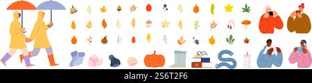 Accogliente collezione autunnale. Autunno carino, uomo di gente donna che beve bevande calde. Coppia con ombrello, foglie gialle e frutti di bosco. Set vettoriale gigante stagionale. Illustrazione elementi autunnali accoglienti foglie e vestiti. Accogliente collezione autunnale. Autunno carino, uomo di gente donna che beve bevande calde. Coppia con ombrello, foglie gialle e frutti di bosco. Set di vettoriali stagionali per grandi volumi Illustrazione Vettoriale