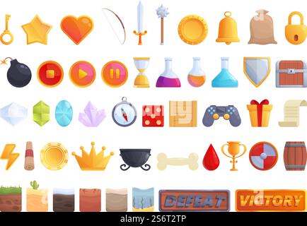 Le icone di gioco impostano il vettore dei cartoni animati. App per computer. Gioco su Internet. Le icone di gioco impostano il vettore dei cartoni animati. App per computer Illustrazione Vettoriale