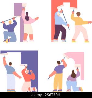 Pittura murale della casa. Casa di ristrutturazione di coppia, uomo donna dipinge con rullo e spazzola. Le persone stanno indietro, i pittori professionisti creano un insieme vettoriale. Illustrazione di pareti, riparazioni e vernici di abitazioni ristrutturate. Pittura murale della casa. Casa di ristrutturazione di coppia, uomo donna dipinge con rullo e spazzola. Le persone stanno indietro, i pittori professionisti creano un insieme vettoriale Illustrazione Vettoriale