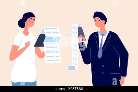 Persone con assegno. Uomo d'affari confuso, donna lunga lista di pagamenti. Cartoni animati triste contabilità di personaggi vettoriali femminili maschili. Uomo d'affari con assegno, soluzione manager, illustrazione confusa della gestione. Persone con assegno. Uomo d'affari confuso, donna con una lunga lista di pagamenti. Cartoni animati triste contabilità di personaggi vettoriali femminili maschili Illustrazione Vettoriale