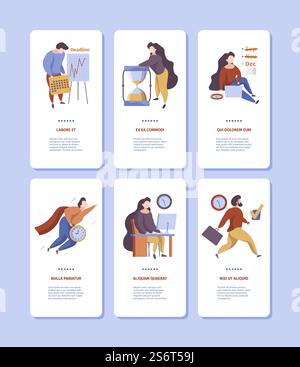 Gestione del tempo integrata. Banner verticali su schermo per smartphone con personale addetto alla pianificazione aziendale che gestisce quotidianamente i modelli vettoriali dei processi. Illustrazione gestione del tempo, strategia di scadenza aziendale. Gestione del tempo integrata. Banner verticali su schermo per smartphone con personale addetto alla pianificazione aziendale che si occupa dell'organizzazione autonoma del controllo quotidiano dei modelli vettoriali di visualizzazione dei lavori Illustrazione Vettoriale