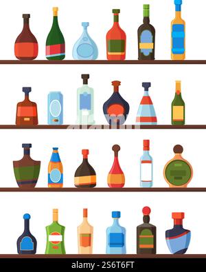 Bottiglie sugli scaffali. Bevande alcoliche vodka liquore vino rum tequila ristorante o bar prodotti liquidi in bottiglie di vetro raccolta vettoriale in piano. Illustrazione alcol martini, cognac alcolico. Bottiglie sugli scaffali. Bevande alcoliche vodka liquore vino rum tequila ristorante o bar prodotti liquidi in bottiglie di vetro raccolta vettoriale in stile piatto Illustrazione Vettoriale