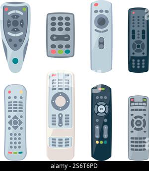 Telecomandi per tv. Elementi di controllo elettronici per la casa intelligente e diverse tecniche guardano i controller vettoriali in stile cartoni animati. Televisore con telecomando, tastiera del televisore di controllo. Telecomandi per tv. Elementi di controllo elettronici per la casa intelligente e diverse tecniche guardano i controller vettoriali in stile cartoni animati Illustrazione Vettoriale