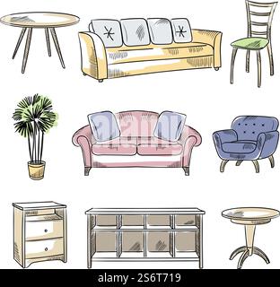 Mobili disegnati. Bozzetti tecnici di sedie letti guardaroba oggetti isolati vettoriali recenti per ambienti interni di design. Mobili interni, sedia per la casa. Mobili disegnati. Bozzetti tecnici di sedie letti guardaroba oggetti isolati vettoriali recenti per ambienti interni di design Illustrazione Vettoriale