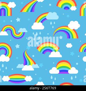 Schema arcobaleno. Design in tessuto colorato con arcobaleni atmosferici nelle nuvole recenti sfondo vettoriale senza cuciture. Illustrazione sfondo arcobaleno, nuvola e stella. Schema arcobaleno. Design in tessuto colorato con arcobaleni atmosferici nelle nuvole recenti sfondo vettoriale senza cuciture Illustrazione Vettoriale