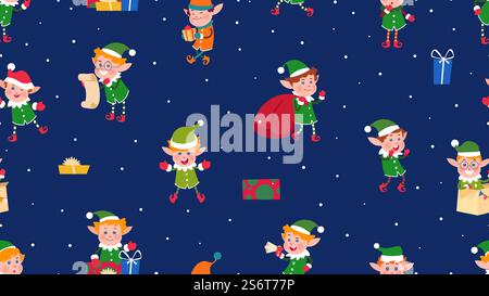 Stampa degli elfi di Babbo Natale. Elfo di Natale, simpatici cartoni animati per le vacanze dei bambini con regalo e palla di neve. Personaggi di Capodanno e Natale, fantasia senza cuciture vettoriale infantile. Illustrazione dell'elfo di natale, felice festa. Stampa degli elfi di Babbo Natale. Elfo di Natale, simpatici cartoni animati per le vacanze dei bambini con regalo e palla di neve. Personaggi di Capodanno e Natale, fantasia senza cuciture vettoriale infantile Illustrazione Vettoriale