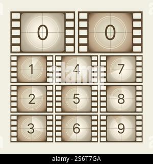 Conto alla rovescia del cinema. Nastro per graffi retrò con numeri fotogrammi dello schermo sequenza effetto animazione pellicola modello per conto alla rovescia vettoriale. Immagine con conto alla rovescia, cornice video. Conto alla rovescia del cinema. Nastro per graffi retrò con numeri fotogrammi dello schermo sequenza effetto animazione pellicola modello per conto alla rovescia vettoriale Illustrazione Vettoriale