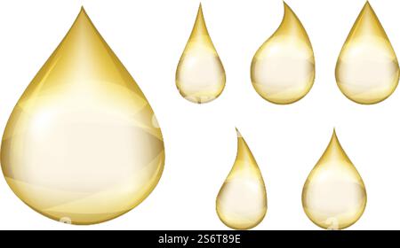 Gocce d'olio. Goccia d'arancio realistica, elementi liquidi in caduta isolati. Goccioline di miele dorato, lacrime d'acqua dorate, raccolta di vettori di gocciolamento di benzina. Illustrazione gocciolamento di olio liquido, gocciolamento giallo realistico. Gocce d'olio. Goccia d'arancio realistica, elementi liquidi in caduta isolati. Goccioline di miele dorato, lacrime d'acqua dorate, raccolta di vettori di gocciolamento di benzina Illustrazione Vettoriale