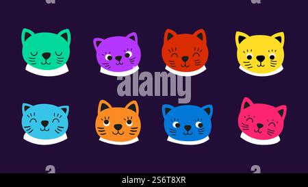 Facce di gatti. Gattino faccia emotiva, avatar gatto con grandi occhi di cartoni animati. Animale di colore astratto con orecchie, elementi di design vettoriali al neon moderni. Illustrazione colorata faccia gattino, animale carino gatto. Facce di gatti. Gattino faccia emotiva, avatar gatto con grandi occhi di cartoni animati. Animale di colore astratto con orecchie, elementi di design vettoriali al neon moderni Illustrazione Vettoriale