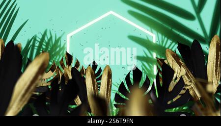 Immagine di una cornice esagonale al neon su foglie tropicali su sfondo verde Foto Stock