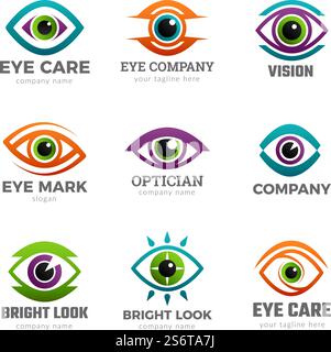 Logo Eyes. Simboli ottici per raccolte recenti di vettori Clean VISION in clinica oftalmologica. Illustrazione aspetto ottico del bulbo oculare, logo aziendale. Logo Eyes. Simboli ottici per raccolte recenti di vettori Clean VISION in clinica oftalmologica Illustrazione Vettoriale