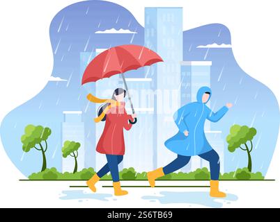 Persone che indossano impermeabile, stivali di gomma e ombrello da trasporto in mezzo a pioggia. Illustrazione vettoriale del cartone su sfondo piatto per banner o poster Illustrazione Vettoriale