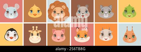 Simpatici volti di cuccioli. Emoticon animali, simpatico leone giraffa gatto volpe rossa. Set vettoriale di adesivi per bambini cartoni animati. Illustrazioni: Pinguini e leoni, anatre e dino. Simpatici volti di cuccioli. Emoticon animali, simpatico leone giraffa gatto volpe rossa. Set vettoriale di adesivi per bambini cartoni animati Illustrazione Vettoriale