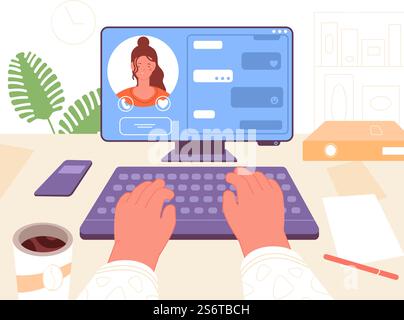 Chat online. Comunicazione virtuale, webinar o videoconferenza. Tecnologia digitale, Internet si incontrano. Concetto vettoriale di comunicazione al computer. Immagine della chat online su Internet per comunicare. Chat online. Comunicazione virtuale, webinar o videoconferenza. Tecnologia digitale, Internet si incontrano. Concetto vettoriale di comunicazione al computer Illustrazione Vettoriale