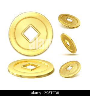 moneta da soldi per la cina. oro in contanti. lunare. soldi vecchi d'oro. asian lucky fortune 3d vettore realistico. moneta monetaria vettore cinese Illustrazione Vettoriale