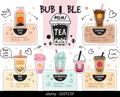 Menu di tè con bolle. Caffe Delicious drinks recente menu vettoriale del ristorante. Menu caffetteria illustrato con dolcetto da tè a bolle. Menu di tè con bolle. Caffe Delicious drinks recente menu vettoriale del ristorante Illustrazione Vettoriale