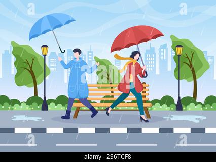 Persone che indossano impermeabile, stivali di gomma e ombrello da trasporto in mezzo a pioggia. Illustrazione vettoriale del cartone su sfondo piatto per banner o poster Illustrazione Vettoriale