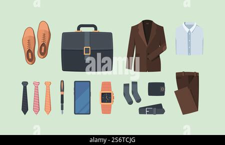 Abiti in stile business. Gadget per uomini d'affari capo, calze abiti camicia pantaloni cintura valigetta portafoglio cravatta per telefono cellulare effetto vettoriale immagini piatte. Illustrazione smartphone e camicia, orologio e pantaloni. Abiti in stile business. Gadget per gli uomini d'affari calzini tessili capo abiti camicia pantaloni cintura valigetta portafoglio cravatta per cellulare effetto garish immagini vettoriali piatte Illustrazione Vettoriale