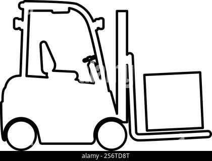 Carrello elevatore a forche per carico per il sollevamento di merci in magazzino carrello elevatore a forche caricatore per carico icona linea contorno merci colore nero immagine vettoriale sottile stile piatto semplice. Carrello elevatore a forche della macchina di carico per il sollevamento di merci in magazzino carrello elevatore a forche caricatore per trasporto icona linea contorno merci immagine vettoriale di colore nero stile sottile e piatto Illustrazione Vettoriale