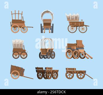 Carro d'epoca. Vecchia carrozza in legno grandi ruote selvaggio West antico trasporto con immagini vettoriali a cavallo di carri occidentali. Illustrazione carrello in legno con ruota, trasporto in legno. Carro d'epoca. Vecchia carrozza in legno grandi ruote selvaggio West antico trasporto con immagini vettoriali a cavallo di carri occidentali Illustrazione Vettoriale