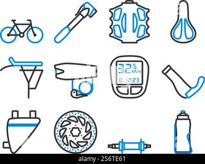 Set di icone bici. Contorno grassetto modificabile con disegno riempimento colore. Illustrazione vettoriale. Illustrazione Vettoriale
