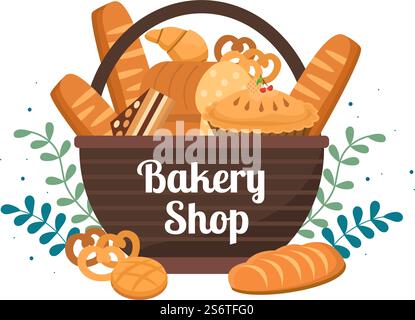Negozio di panetteria che vende vari tipi di pane come pane bianco, Pasticceria e altri tutti cotti in Flat background per Poster Illustration Illustrazione Vettoriale