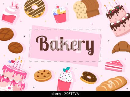 Negozio di panetteria che vende vari tipi di pane come pane bianco, Pasticceria e altri tutti cotti in Flat background per Poster Illustration Illustrazione Vettoriale