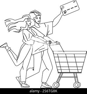 Coppia con carta di credito che fa acquisti nel Market Black Line Pencil Drawing Vector. Uomo e donna con carta di credito bancaria che fa acquisti in negozio con carrello del supermercato. Personaggi che fanno acquisti in shopping. Coppia con acquisti con carta di credito a Market Vector Illustrazione Vettoriale