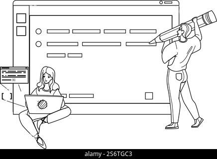 Blog Management Blogger Online Occupazione Black Line Pencil Drawing Vector. Gestione dei blog e redazione di articoli Man and Woman sulla pagina del sito Web Internet. Illustrazione dei personaggi Blogging sui social media. Blog Management Blogger Online Occupation Vector Illustrazione Vettoriale