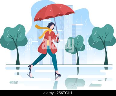 Persone che indossano impermeabile, stivali di gomma e ombrello da trasporto in mezzo a pioggia. Illustrazione vettoriale del cartone su sfondo piatto per banner o poster Illustrazione Vettoriale