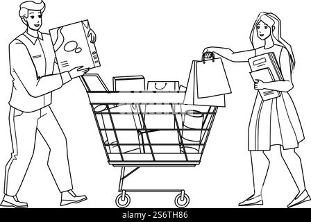Gli acquirenti abbinano i prodotti Aggiungi al carrello nel vettore di disegno a matita della linea nera del mercato. Uomo e donna Aggiungi al carrello borse da supermercato. I personaggi Boy and Girl fanno acquisti in Shop Illustration. Gli acquirenti abbinano le merci Aggiungi al carrello in Market Vector Illustrazione Vettoriale