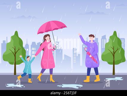 Persone che indossano impermeabile, stivali di gomma e ombrello da trasporto in mezzo a pioggia. Illustrazione vettoriale del cartone su sfondo piatto per banner o poster Illustrazione Vettoriale