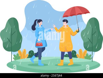 Persone che indossano impermeabile, stivali di gomma e ombrello da trasporto in mezzo a pioggia. Illustrazione vettoriale del cartone su sfondo piatto per banner o poster Illustrazione Vettoriale