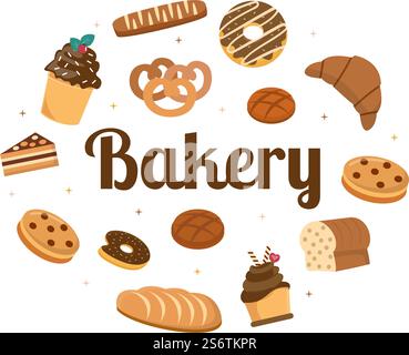 Negozio di panetteria che vende vari tipi di pane come pane bianco, Pasticceria e altri tutti cotti in Flat background per Poster Illustration Illustrazione Vettoriale