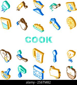Istruzioni di cottura per preparare il cibo icone Set Vector. Pepe e sale, latte e zucchero aggiungere, aggiungere olio d'oliva e acqua nel piatto, succo di limone e spezie istruzioni di cottura segno isometrico illustrazioni a colori. Istruzioni di cottura per preparare il cibo icone Set Vector Illustrazione Vettoriale