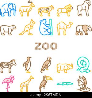 Animali dello zoo, uccelli e icone di serpente ambientano Vector. Tiger and Elephant, Bear and Panda, Zebra and Kangaroo, Toucan and Eagle, Crocodile and Giraffe Zoo Animals Line. Illustrazioni a colori. Animali dello zoo, uccelli e icone di serpente ambientano Vector Illustrazione Vettoriale