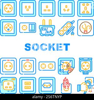 Icone degli accessori elettrici di alimentazione della presa Set Vector. Connettore femmina impermeabile americano ed europeo, Australia e universale. Illustrazioni a colori del connettore elettrico danneggiato e bruciato. Icone degli accessori elettrici di alimentazione della presa Set Vector Illustrazione Vettoriale