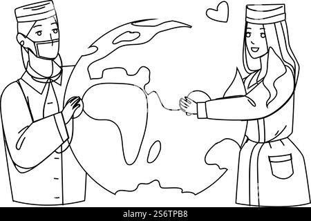 Giornata Mondiale della salute i medici celebrano vacanza linea nera matita disegno Vector. Uomo e donna lavoratori ospedalieri che celebrano insieme la giornata Mondiale della salute. Personaggi celebrazione del lavoro sanitario. Giornata Mondiale della salute i medici celebrano Holiday Vector Illustrazione Vettoriale