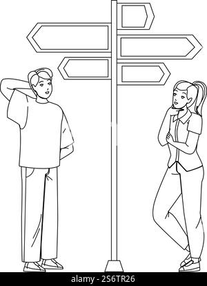 Coppia uomo e donna che scelgono la direzione Black Line Pencil Drawing Vector. Il ragazzo e la ragazza premurosi guardano le frecce direzionali e scelgono la direzione. Illustrazione percorso di ricerca caratteri. Coppia uomo e donna che scelgono Direction Vector Illustrazione Vettoriale