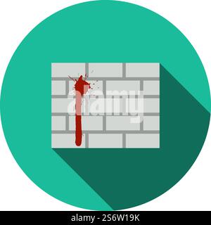 Icona Blood on Brick Wall (sangue sul muro di mattoni) Design a matita circolare piatta con ombra lunga. Illustrazione vettoriale. Illustrazione Vettoriale