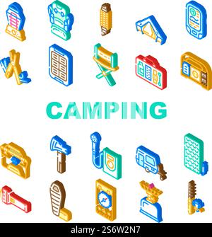 Strumento per escursionisti da campeggio e icone Gadget Set Vector. Roulotte e mobili da campeggio, borsa congelatore doccia mobile, zaino per braccialetto di sopravvivenza multifunzione accessorio camper, segno isometrico, illustrazioni a colori. Strumento per escursionisti da campeggio e icone Gadget Set Vector Illustrazione Vettoriale