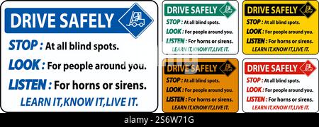Guida in sicurezza Stop Look Ascolta segnale su sfondo bianco Illustrazione Vettoriale