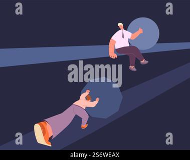 Divario di genere sul lavoro. Donna metafora del duro lavoro. Uomo seduto sopra la ragazza e mostra i pollici in alto. Concetto di leader aziendale e boss, vettore. Donna e uomo d'affari di GAP in carriera. Divario di genere sul lavoro. Donna metafora del duro lavoro. Uomo seduto sopra la ragazza e mostra i pollici in alto. Concetto di leader aziendale e boss, vettore Illustrazione Vettoriale