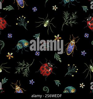 Modello di insetti. Ramo e scarabeo ricamati da giardino, cuciture in seta vintage e senza cuciture etniche. Fiori e ragno, coccinella. Design vettoriale Nowaday per tessuti. Illustrazione di una bella foglia di tessuto. Modello di insetti. Ramo e scarabeo ricamati da giardino, cuciture in seta vintage e senza cuciture etniche. Fiori e ragno, coccinella. Design vettoriale Nowaday per tessuti Illustrazione Vettoriale