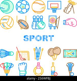 Sport gioco Sportsman icone di attività Set Vector. Rugby American Football and Soccer, golf e cricket, baseball e tennis, pallacanestro e pallavolo. Illustrazioni dei colori delle apparecchiature sportive. Sport gioco Sportsman icone di attività Set Vector Illustrazione Vettoriale
