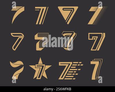 Sette logo. 7s simboli grafici stilizzati numeri alfabetici icone delle lettere raccolta di modelli vettoriali recenti. Simbolo logo 7, identificativo del numero di logotipo per l'azienda. Sette logo. 7s simboli grafici stilizzati numeri alfabetici icone delle lettere raccolta di modelli vettoriali recenti Illustrazione Vettoriale
