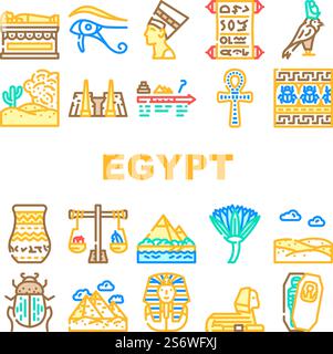 Egitto civiltà paesaggio icone Set vettore. Nefertiti Egitto Regina e Faraone Sarcofago, vaso antico e Ankh decorazione antica, deserto del Sahara e fiume Nilo illustrazioni a colori. Egitto civiltà paesaggio icone Set vettore Illustrazione Vettoriale