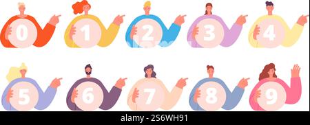 Contare da 0 a 9. Persone felici con striscioni rotondi con numeri. Poster di studio per bambini con cartoni animati piatti per bambini e bambine. Caratteri vettoriali infografici numerici. Illustrazione del punteggio del numero di conteggio. Contare da 0 a 9. Persone felici con striscioni rotondi con numeri. Poster di studio per bambini con cartoni animati piatti per bambini e bambine. Caratteri vettoriali infografici numerici Illustrazione Vettoriale