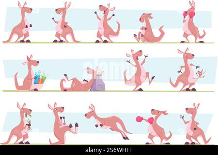 Canguro. Australia animali autentici che saltano nella flora selvatica esatta carattere vettoriale animale in varie pose. Illustrazione dei personaggi degli animali del canguro. Canguro. Australia animali autentici che saltano nella flora selvatica esatta carattere vettoriale animale in varie pose Illustrazione Vettoriale
