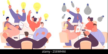 Motivazione positiva e negativa. Lavoro di squadra creativo, brainstorming riuscito e fallito con il concetto di leader. Leadership aziendale, scena vettoriale del lavoro d'ufficio. Illustrazione della motivazione al successo. Motivazione positiva e negativa. Lavoro di squadra creativo, brainstorming riuscito e fallito con il concetto di leader. Leadership aziendale, scena vettoriale del lavoro d'ufficio Illustrazione Vettoriale